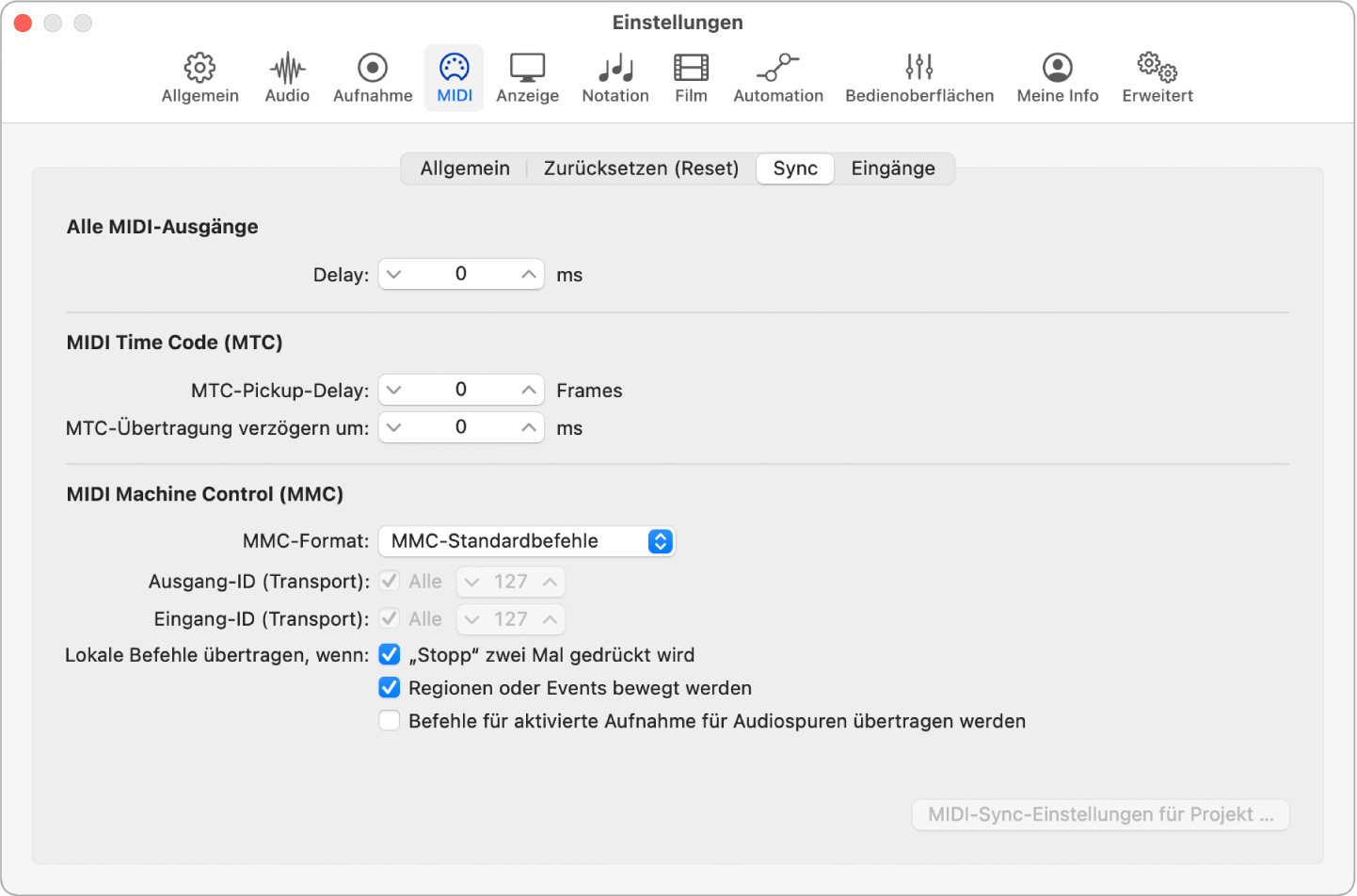 Abbildung. Einstellungsbereich „MIDI“ > „Sync“