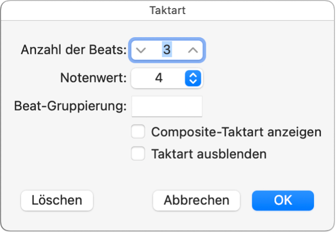 Abbildung. Dialogfenster „Taktart“ mit ausgewähltem Wert