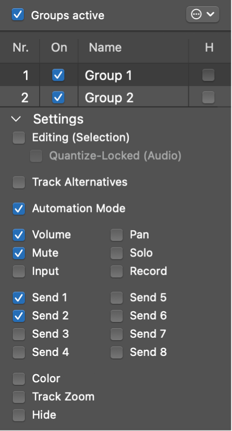 Figure. Group Settings pane.