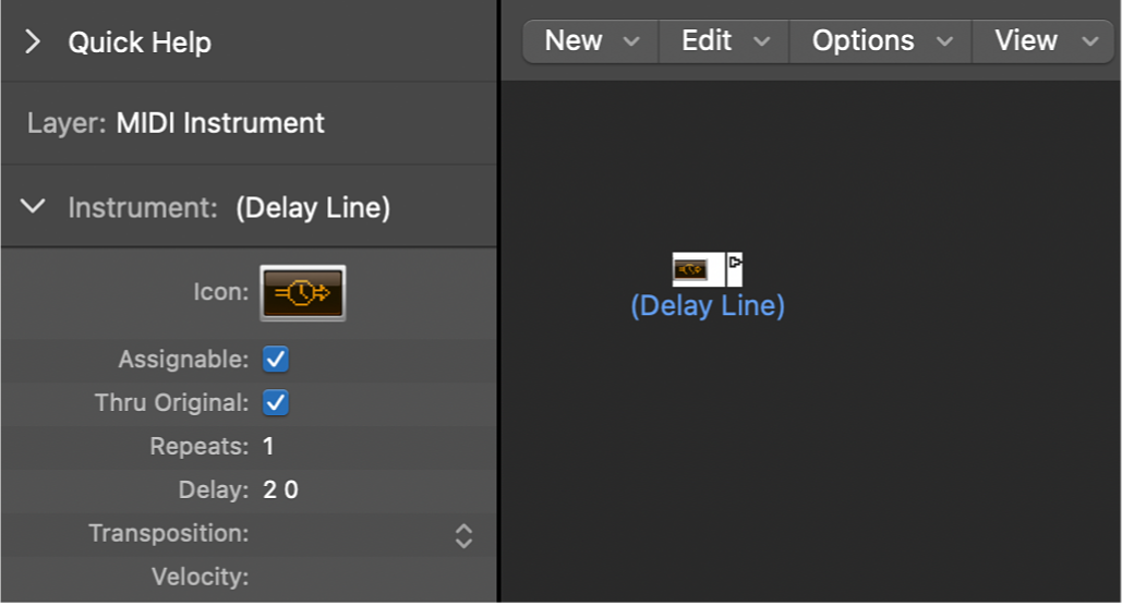 Figure. Environment window showing a delay line object and its inspector.