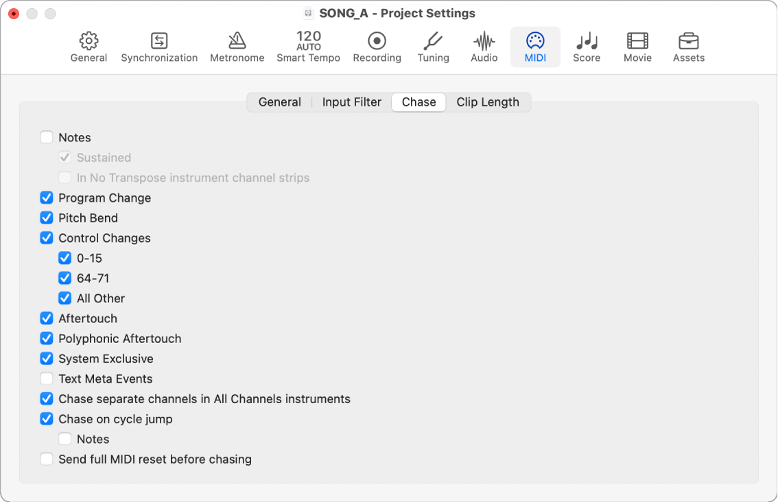 Figure. MIDI Chase project settings.