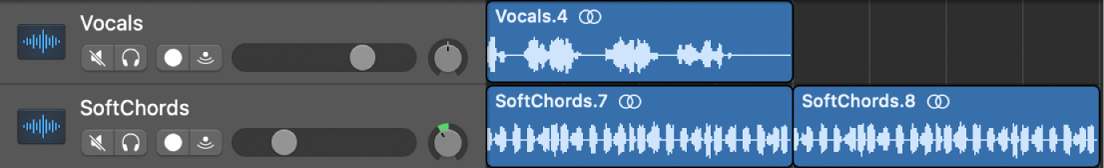 Figure. Audio tracks and audio regions in the Tracks area.