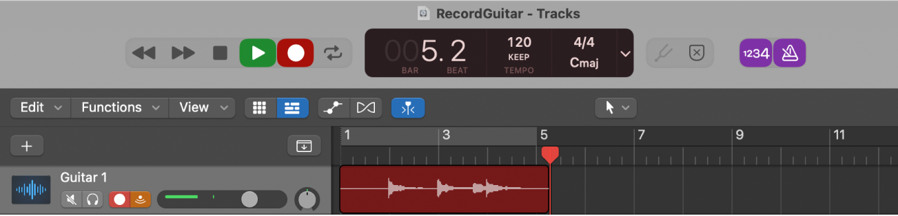 Figure. An audio track in the Tracks area, showing a new audio region being recorded.