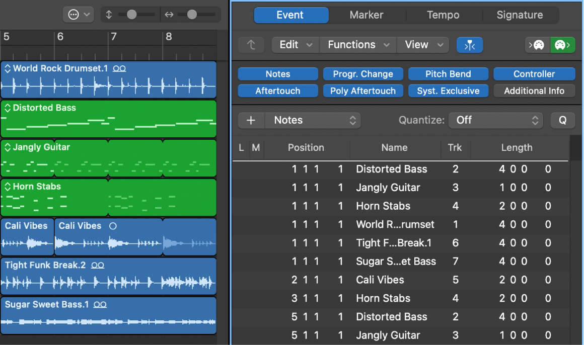 Figure. Event List pane showing all regions in Arrange window.