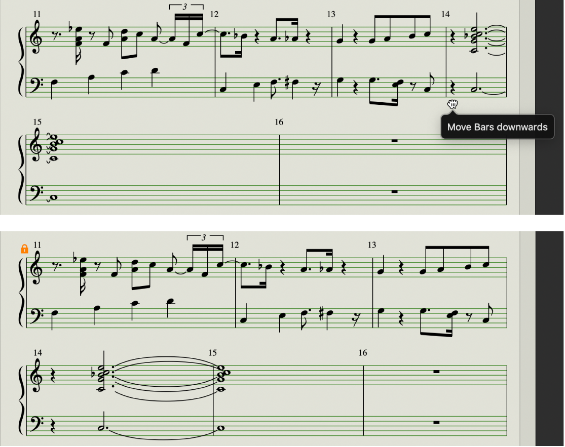 Figure. Moving bars of a staff system in Page view.