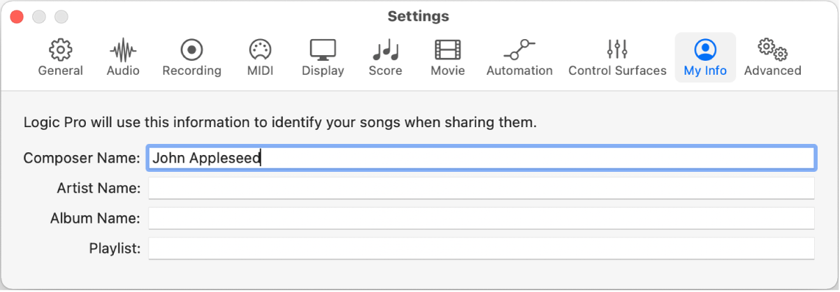 Figure. My Info settings.