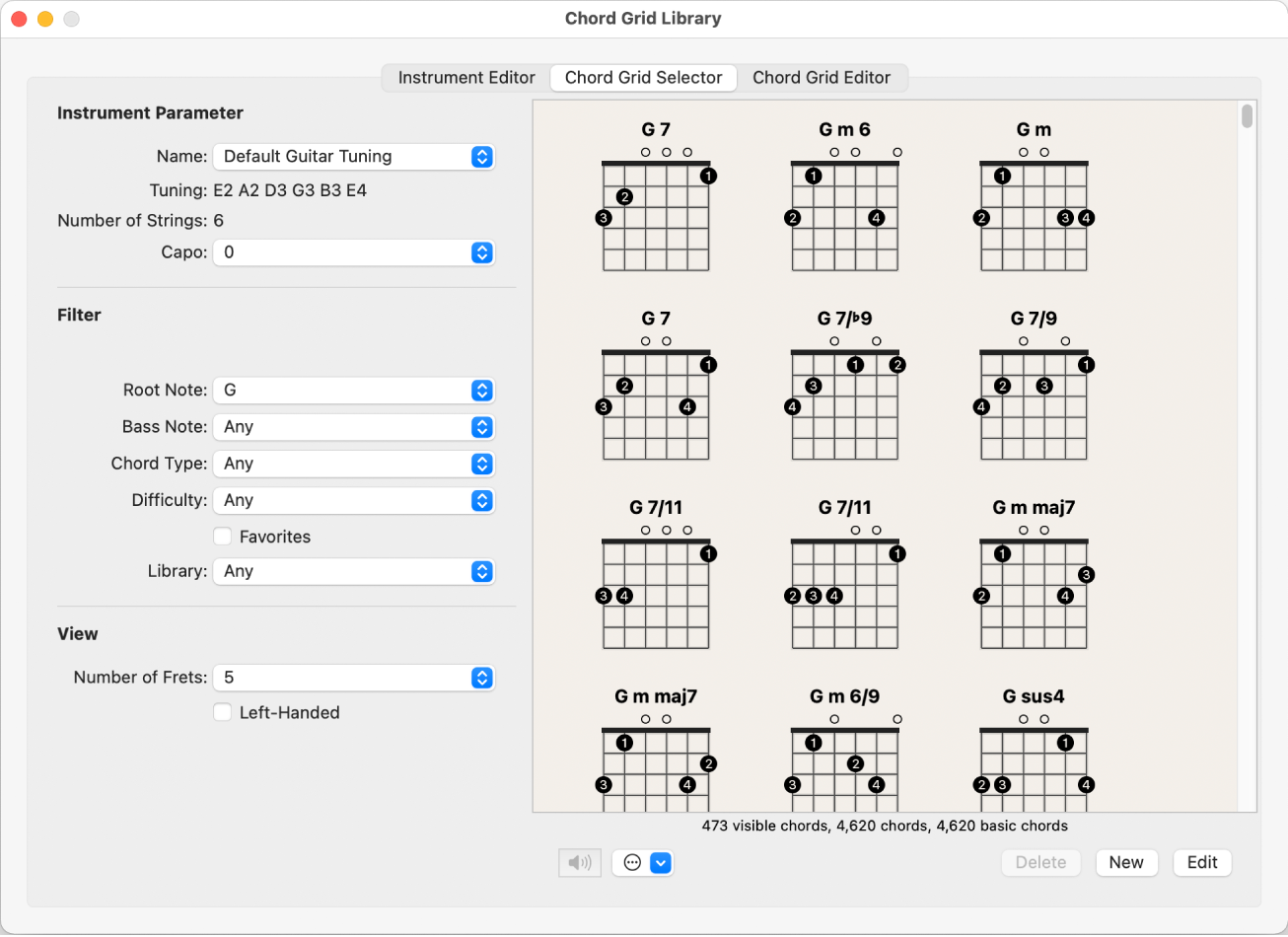 Figure. Chord Grid Selector pane in the Chord Grid Library window.