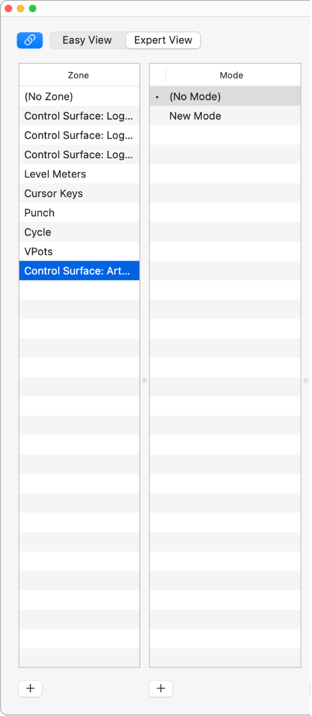 Figure. Zone and Mode Lists in Controller Assignment window.