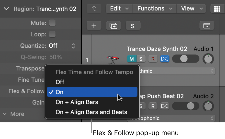 Figure. The Flex & Follow menu in the Region inspector.