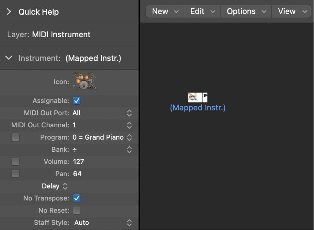 Figure. Environment window showing a mapped instrument object and its inspector.