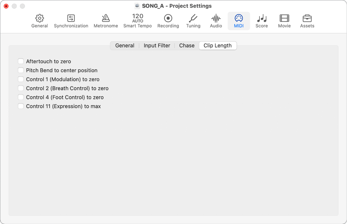 Figure. MIDI Clip Length project settings.