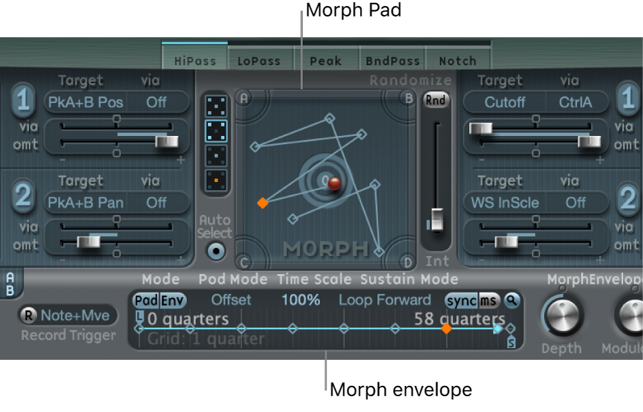 Figure. Morph Pad and Morph Envelope; both showing the selected point.