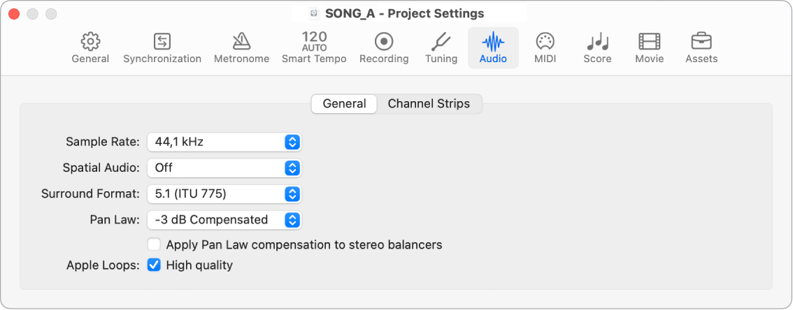 Figure. General Audio project settings.