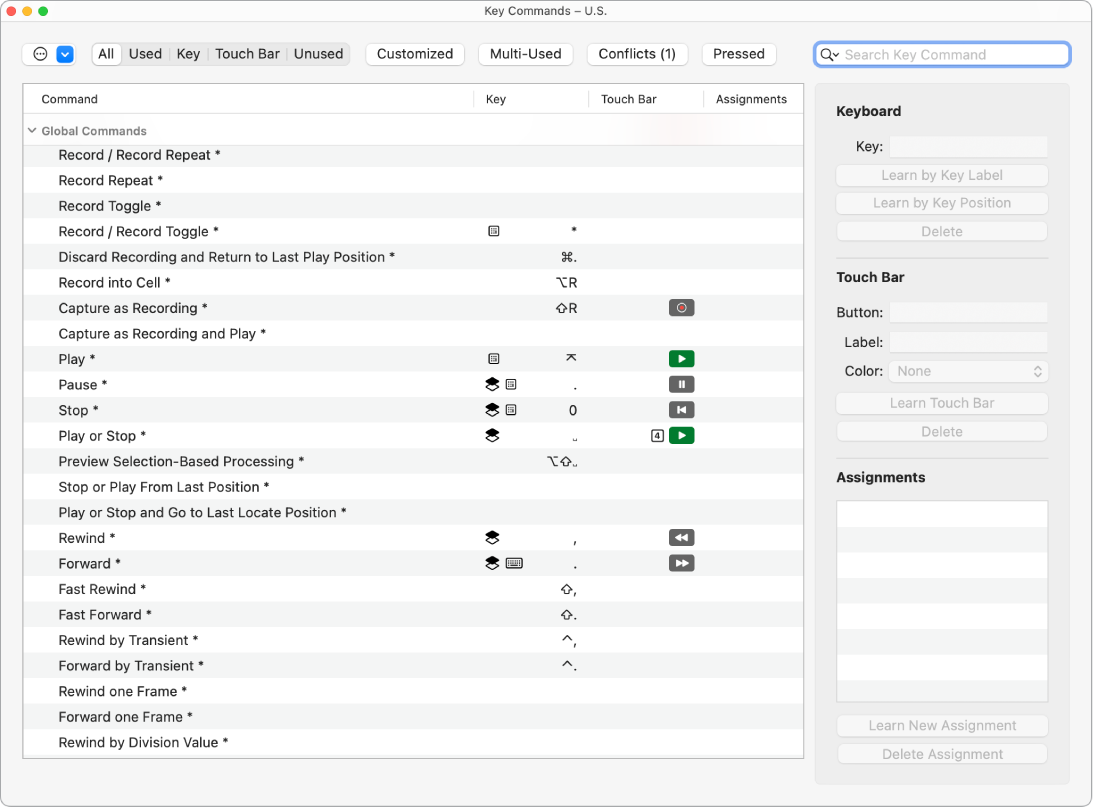 Figure. Key Commands window.