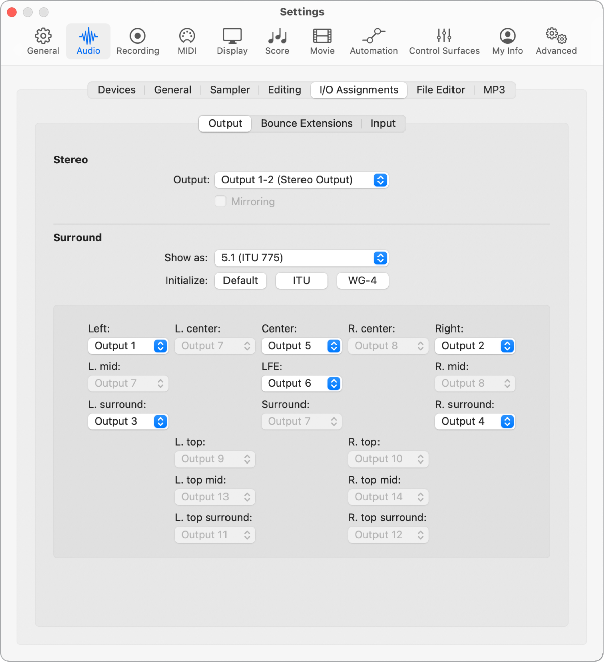 Figure. I/O Assignments pane in Audio settings.