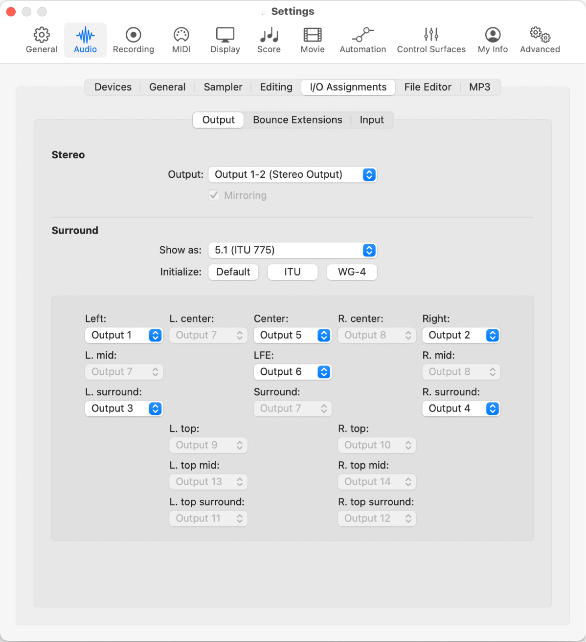 Figure. Audio I/O Assignments Output settings.