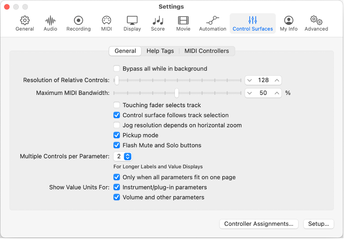 Figure. General Control Surfaces settings.