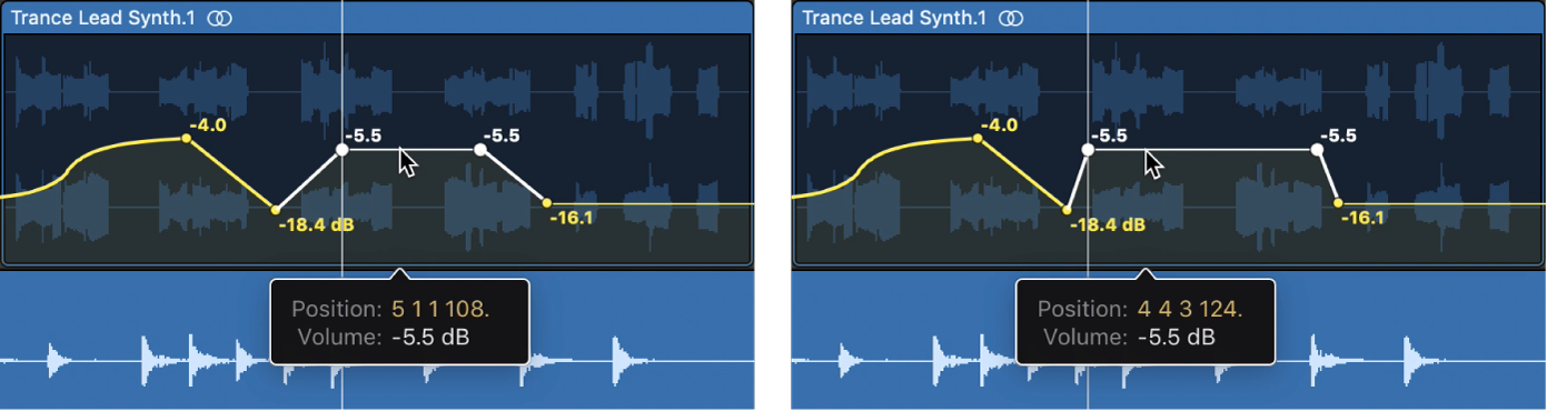 Figure. Adjusting the automation curve symmetrically between two horizontally aligned points.