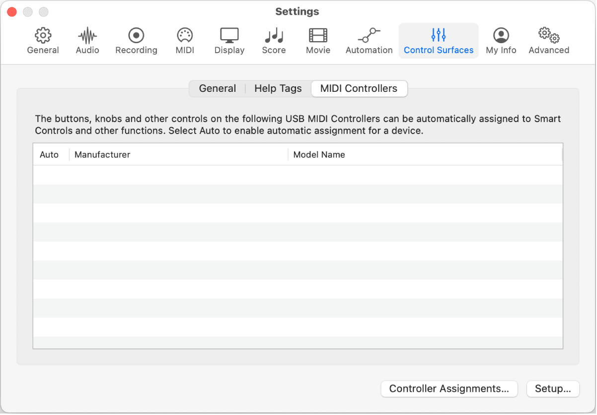 Figure. MIDI Controllers settings.