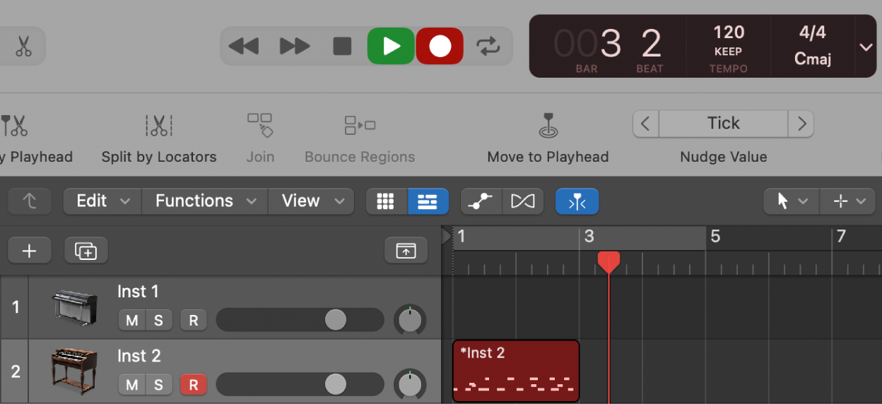 Figure. Showing a recorded MIDI region in red in the Tracks area.