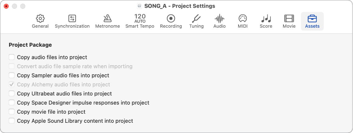 Figure. Assets project settings.