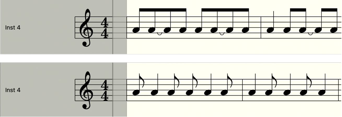 Figure. Syncopation disabled and enabled in the Score Editor.