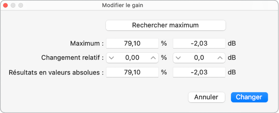 Figure. Zone de dialogue Modifier le gain.