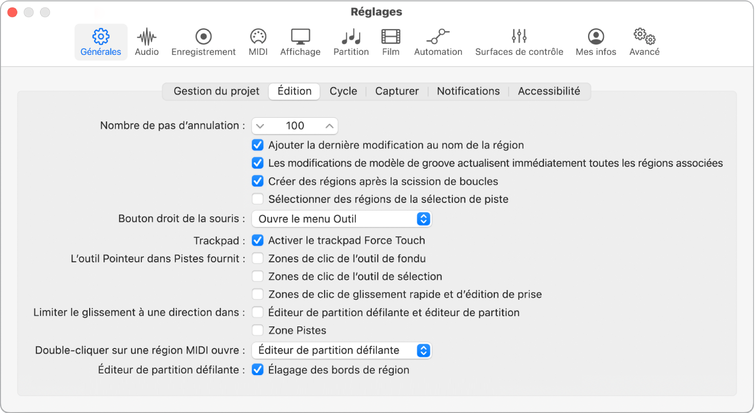 Figure. Réglages généraux d’édition