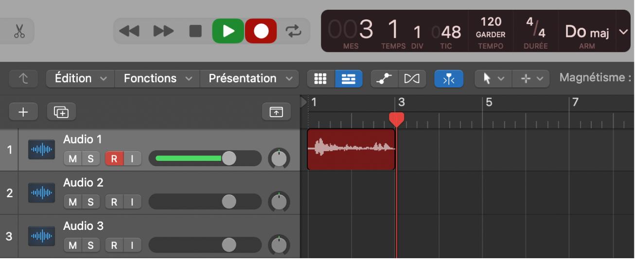 Figure. Région audio enregistrée apparaissant en rouge dans la zone Pistes.