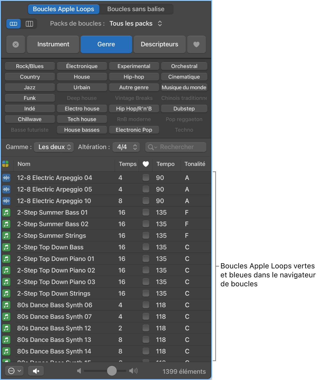 Navigateur de boucles avec boucles Apple Loops d’instruments logiciels (vertes) et audio (bleues).
