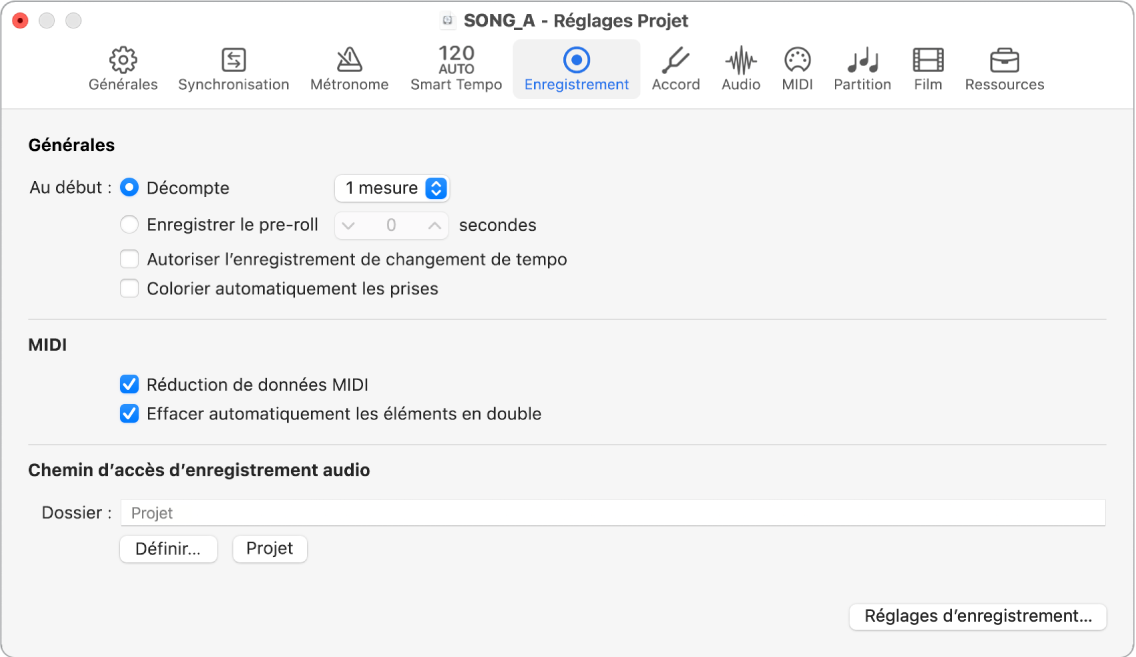 Figure. Réglages d’enregistrement du projet.