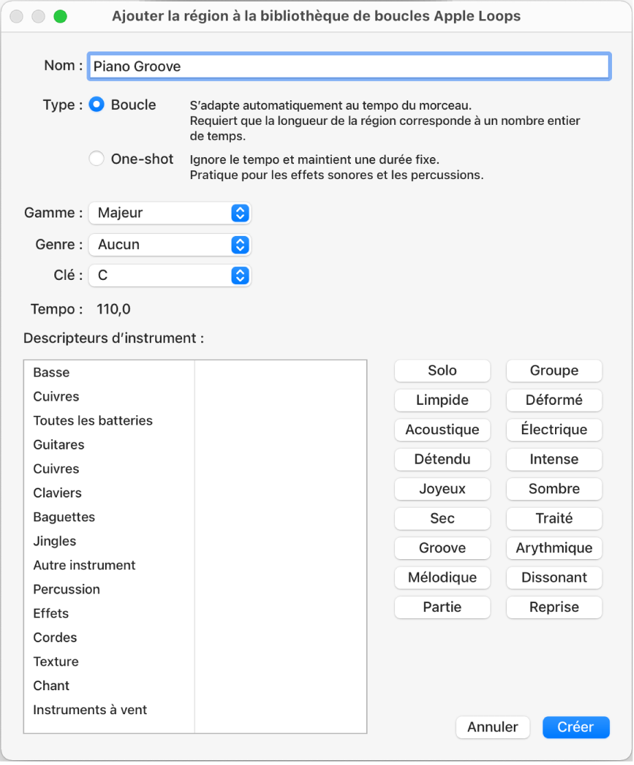 Figure. Zone de dialogue Ajouter la région à la bibliothèque de boucles Apple Loops.