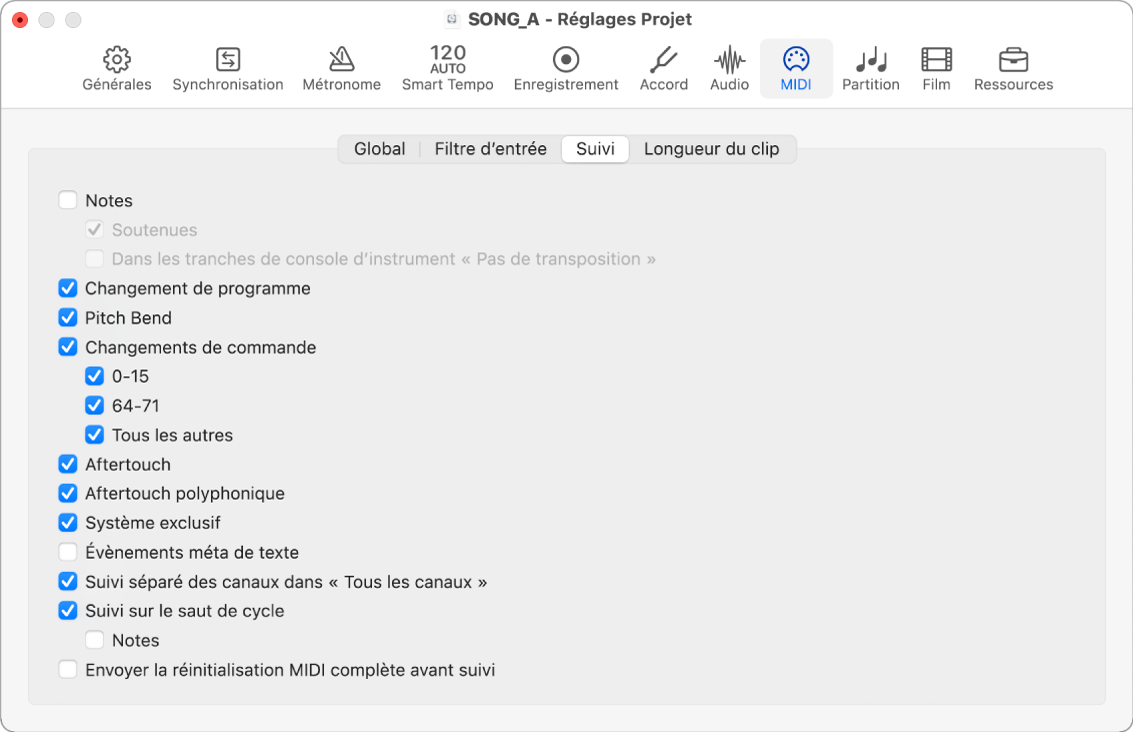 Figure. Réglages de suivi MIDI du projet.
