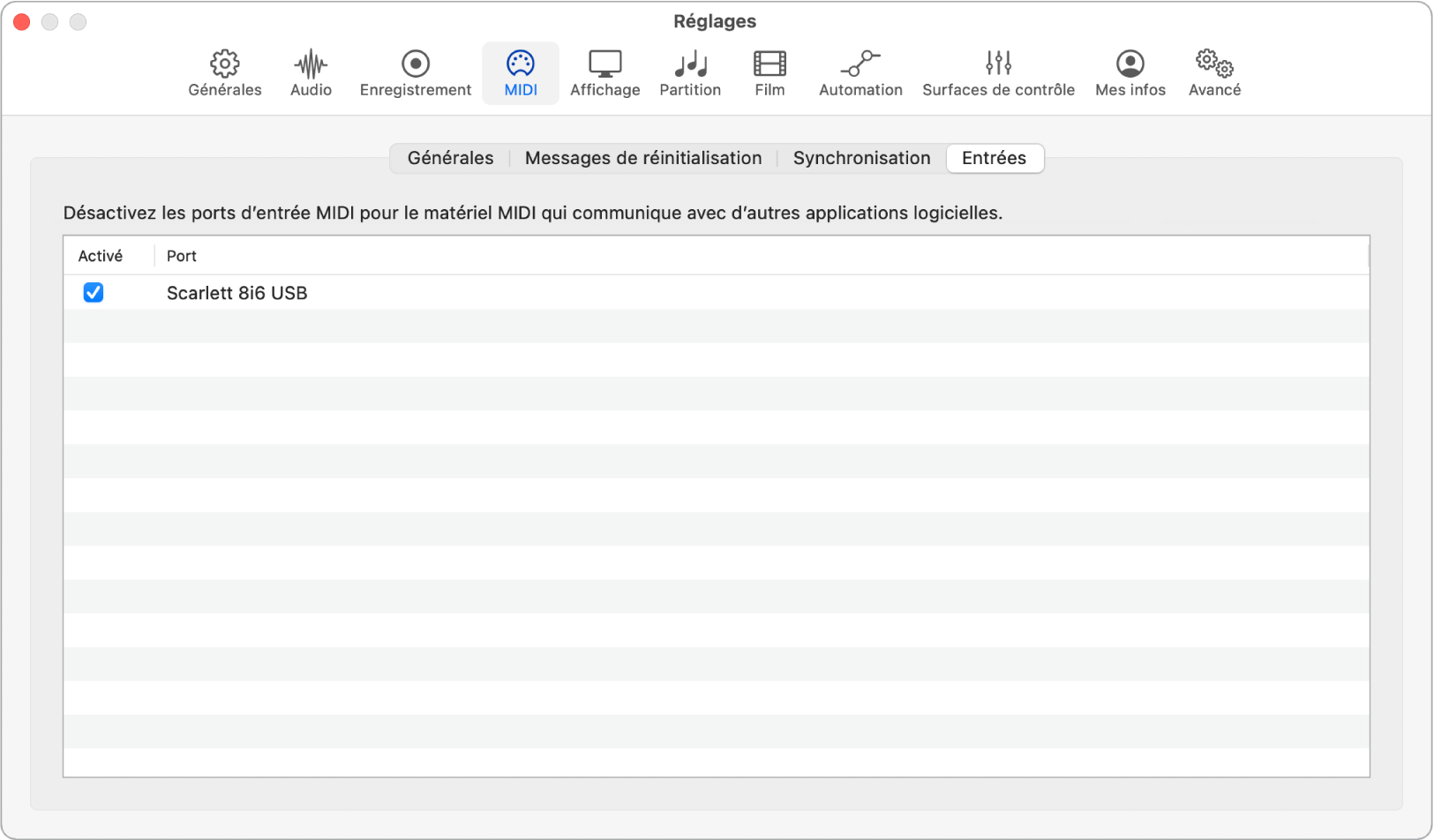 Figure. Réglages Entrées MIDI.