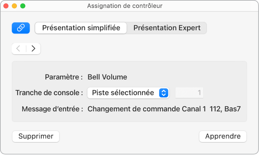 Figure. Fenêtre des assignations de contrôleur en mode de présentation simplifiée.