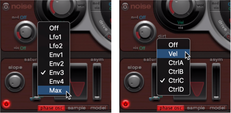 Figure. Menus locaux Mod et Via de saturation de l’oscillateur 2.