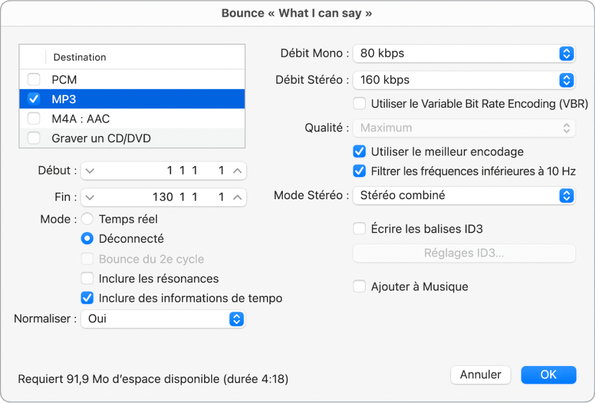 Figure. Options MP3 dans la fenêtre Bounce.