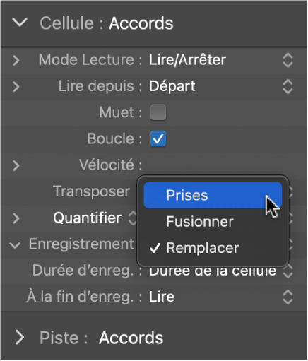 Figure. Menu local Enregistrement dans l’inspecteur de cellule affichant les modes d’enregistrement.