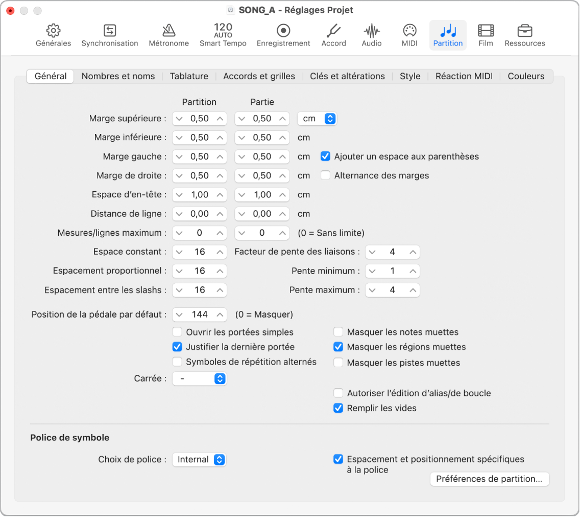 Figure. Réglages généraux de partition du projet.