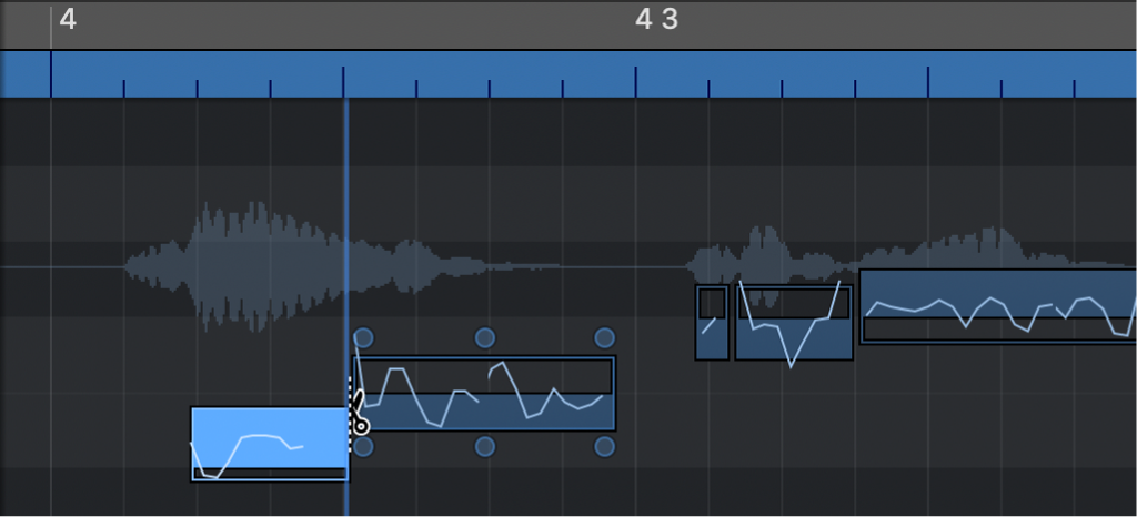 Figure. Coupe d’une note à l’aide de l’outil Ciseaux dans l’éditeur de piste audio.