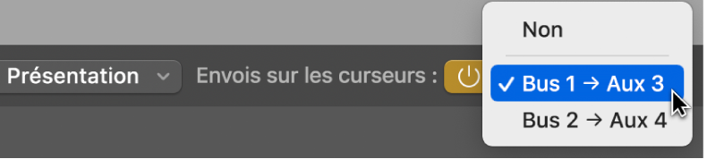 Figure. Choix d’un canal de retour d’effets dans le menu local Envois sur les curseurs.