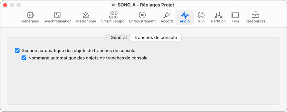 Figure. Réglages audio des tranches de console du projet.