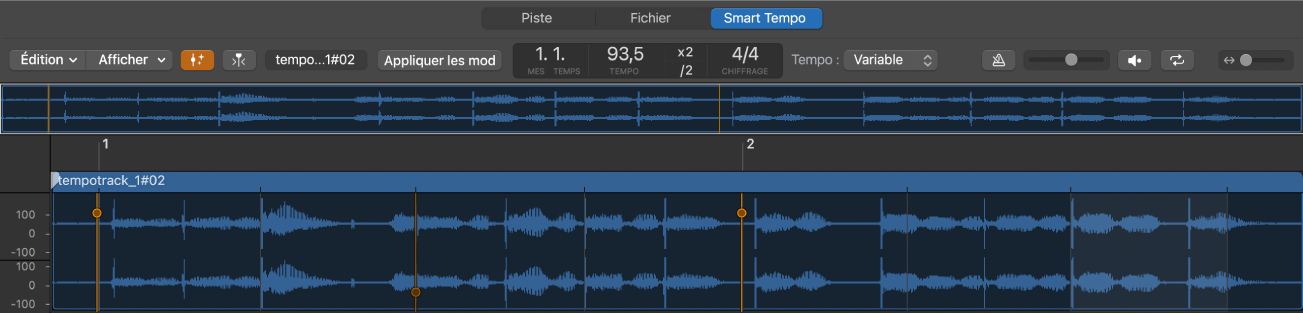 Figure. Éditeur de Smart Tempo avec un fichier audio et des indicateurs de temps.