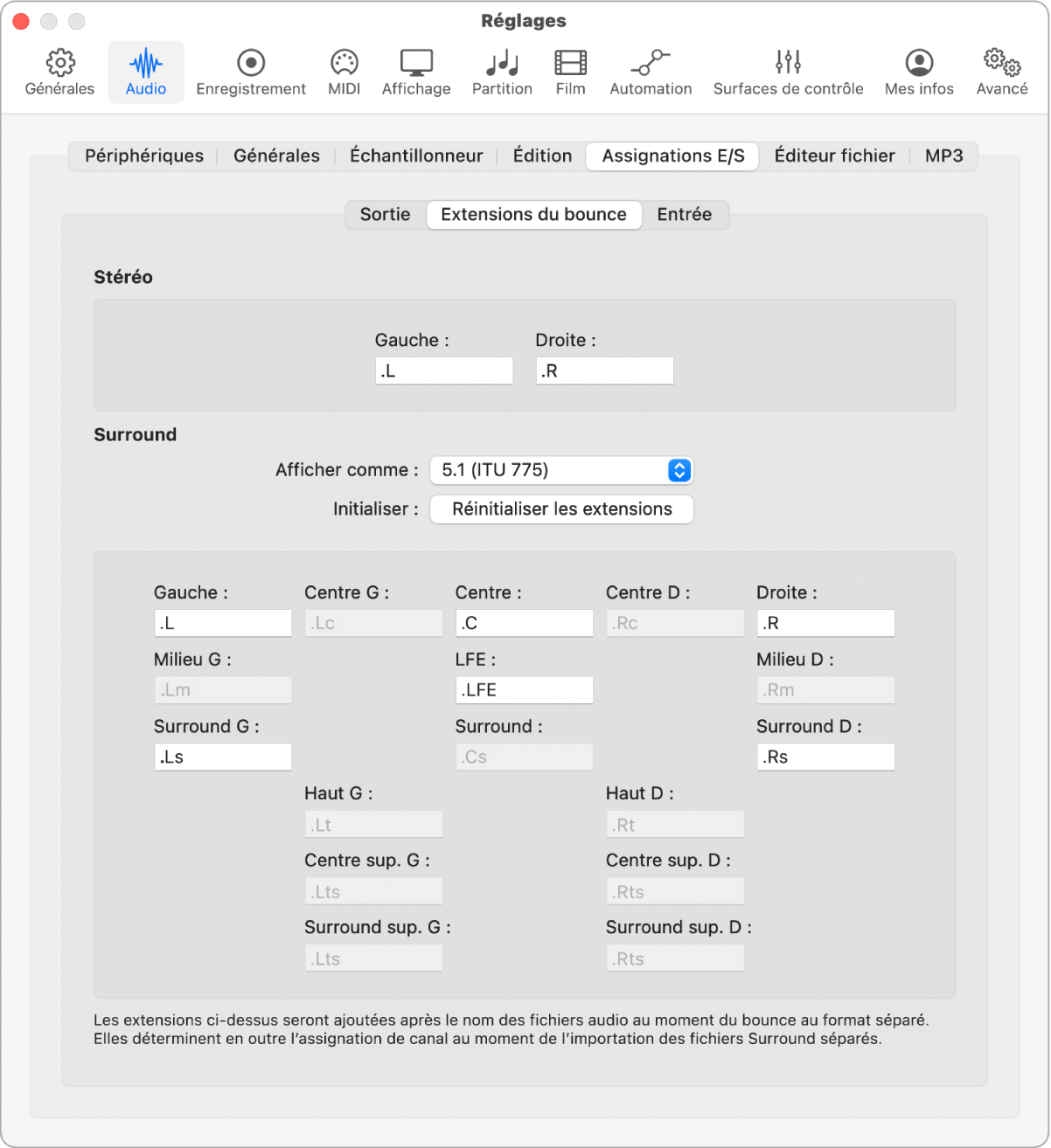 Figure. Réglages d’extensions des attributions E/S du bounce audio.