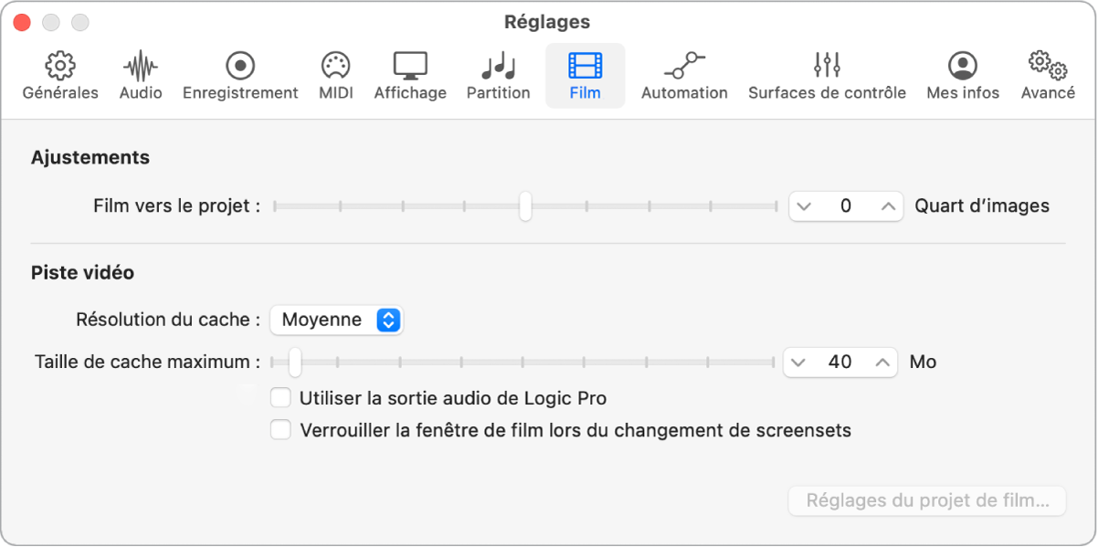 Figure. Réglages Film.