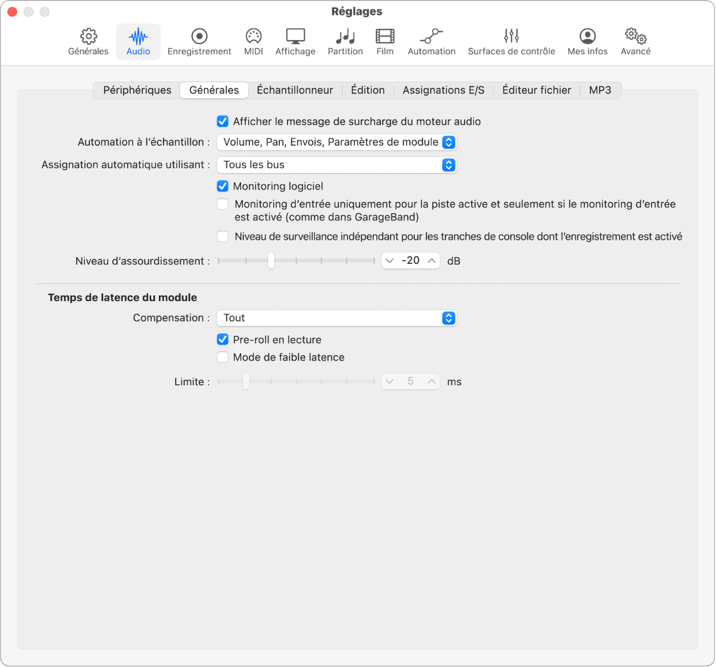 Figure. Réglages généraux audio.