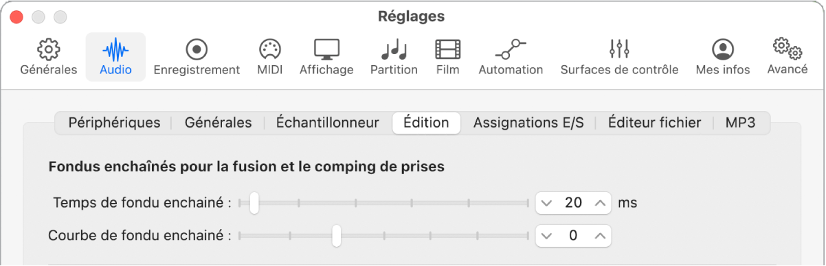 Figure. Réglages d’édition audio montrant les paramètres de fondu.