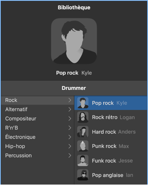 Figure. Menu Bibliothèque du drummer montrant des réglages relatifs aux pistes.