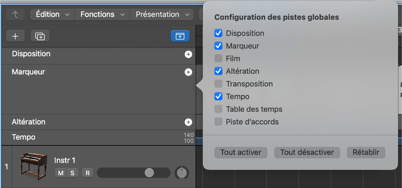 Figure. Zone de dialogue Configuration des pistes globales.