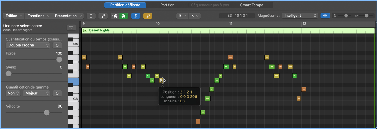 Figure. Modification d’un évènement de note MIDI dans l’éditeur de partition défilante.